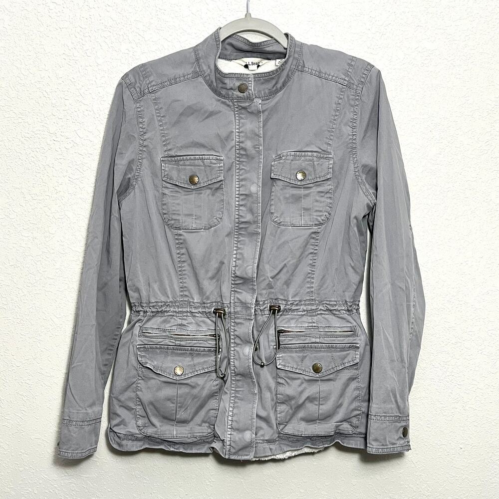 LL Bean Gray Fleece Lined Jacket Utility Field Safari Coat Women Medium Pockets